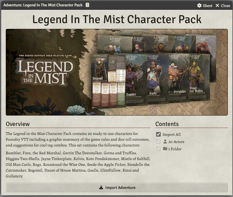 Legend In The Mist Foundry VTT Character Pack